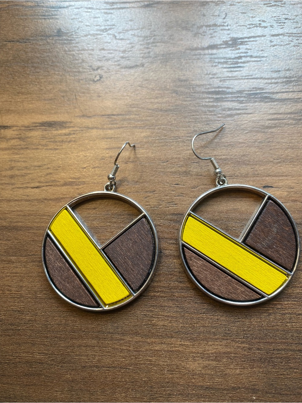 Yellow and Brown Geometric Circle Drop Earrings